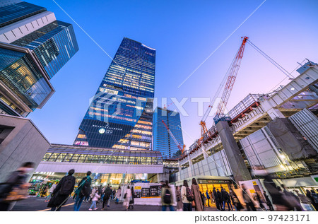 Tokyo cityscape in Japan: Shibuya station and office buildings. Exterior of Sakuragaoka redevelopment building nearing completion = December 18 Tokyo cityscape in Japan: Shibuya station and office buildings. Exterior of Sakuragaoka redevelopment building nearing completion = December 18 97423171
