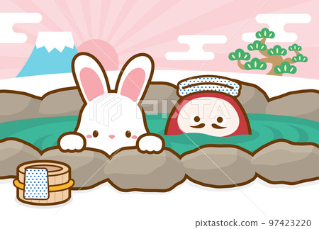 New Year's card material_Rabbit, Dharma, first sunrise, pine and open-air bath_Pink 97423220