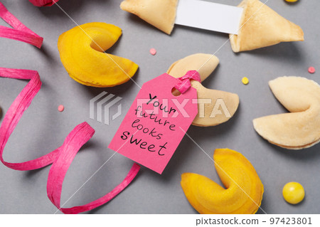 Concept of creative food, Chinese fortune cookies with prediction words 97423801