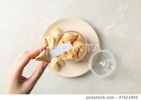 Chinese fortune cookies with prediction words, top view Chinese fortune cookies with prediction words, top view 97423808
