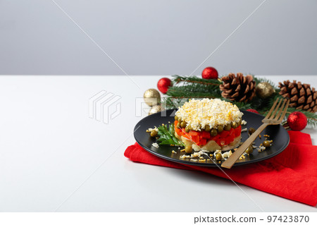 Concept of New year food, Olivier salad, space for text 97423870