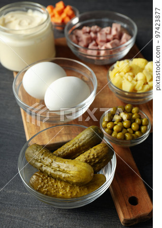 Concept of New year food, tasty Olivier salad Concept of New year food, tasty Olivier salad 97423877