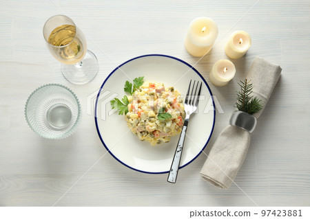 Concept of New year food, Olivier salad, top view Concept of New year food, Olivier salad, top view 97423881