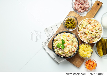 Concept of New year food, Olivier salad, space for text Concept of New year food, Olivier salad, space for text 97423888