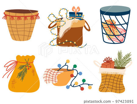 Wicker basket set in boho style. Decor for home, interior, decorations and Christmas. Hand drawn illustration isolated on the white background Wicker basket set in boho style. Decor for home, interior, decorations and Christmas. Hand drawn illustration isolated on the white background 97423891