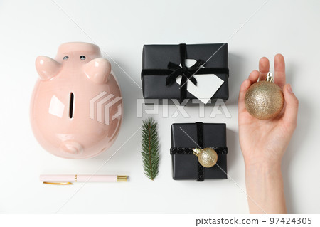 Concept of Christmas finance with piggy bank, top view 97424305