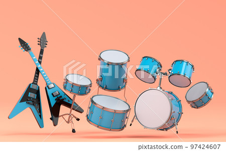 Set of electric acoustic guitar and drums with metal cymbals on coral background Set of electric acoustic guitar and drums with metal cymbals on coral background 97424607