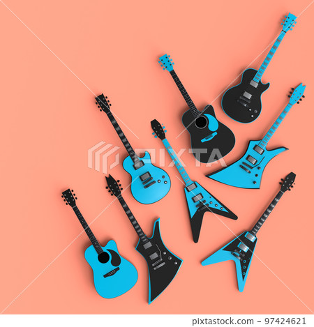 Set of electric acoustic guitars isolated on coral background. 97424621