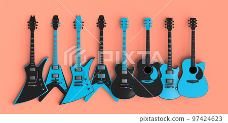 Set of electric acoustic guitars isolated on coral background. 97424623