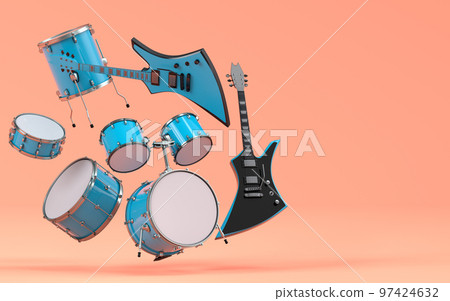 Set of electric acoustic guitar and drums with metal cymbals on coral background Set of electric acoustic guitar and drums with metal cymbals on coral background 97424632