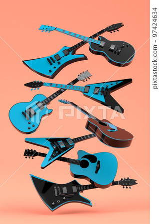 Set of electric acoustic guitars isolated on coral background. 97424634