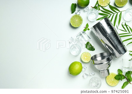 Concept of preparing cocktail, shaker, space for text Concept of preparing cocktail, shaker, space for text 97425091