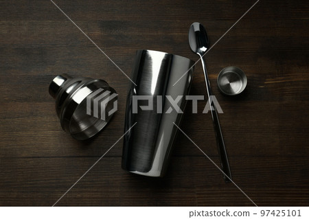 Concept of preparing cocktail, shaker, top view 97425101