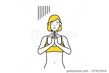一個穿著內衣的女人用雙手在她的身體前道歉,脫毛和美容院的形象 一個穿著內衣的女人用雙手在她的身體前道歉,脫毛和美容院的形象 97425844