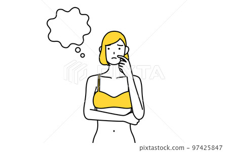 A woman in underwear thinking while scratching her face, an image of hair removal and beauty salon 97425847