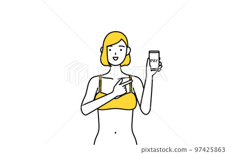 A woman in underwear who recommends cashless and online payment of smartphones, image of hair removal and beauty salon 97425863