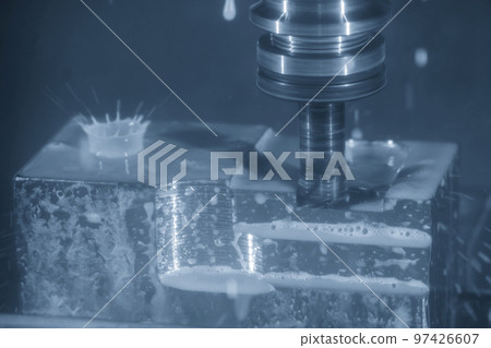 The CNC milling machine rough cutting the injection mold parts by indexable tools. The CNC milling machine rough cutting the injection mold parts by indexable tools. 97426607