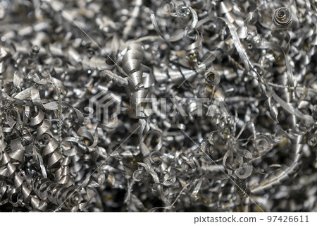 Close-up scene of  metal materials scrap from turning process. 97426611