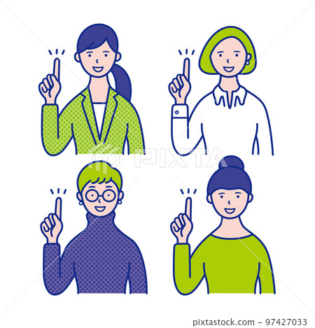 Upper body illustration material for women in their 20s to 40s pointing pose [set] 97427033