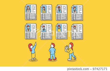 檢查並與員工/候選人的個人資料交談的人事經理的插圖 97427171