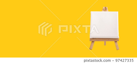 White blank square canvas mock up on wood easel. Art creative studio banner, ad background White blank square canvas mock up on wood easel. Art creative studio banner, ad background 97427335