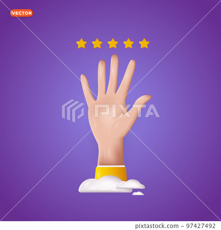 3d hand palm on the cloud with 5 stars. Realistic hand palm 3d design. Cute 3d concept hand vector design. 97427492