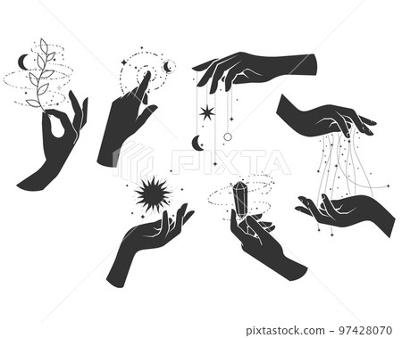 Magic, wizardry and fortune-telling, woman hands practicing witchcraft, incantation, magic spells and sorcery of sorceress, vector 97428070