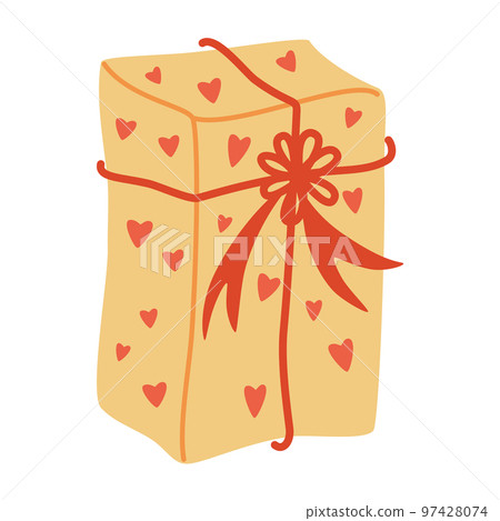 Gift Box. Happy New Year and Merry Christmas. Gift box with ribbon. Holiday banner, web poster, flyer, stylish brochure, greeting card, cover. Hand draw Vector Illustration isolated 97428074