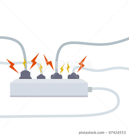 Electrical circuit. Shock, red lightning and yellow sparks from the outlet. Connector and plug. System overload. The problem with the appliance. Fire situation with smoke and safety. Electrical circuit. Shock, red lightning and yellow sparks from the outlet. Connector and plug. System overload. The problem with the appliance. Fire situation with smoke and safety. 97428553