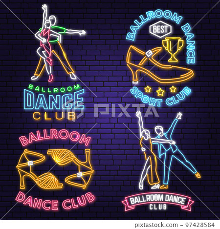 Set of Ballroom dance sport club Bright Neon Sign. Dance sport neon emblem with shoe brush, man and woman silhouette. Vector. Rumba, salsa, samba couples dancing ballroom style. 97428584