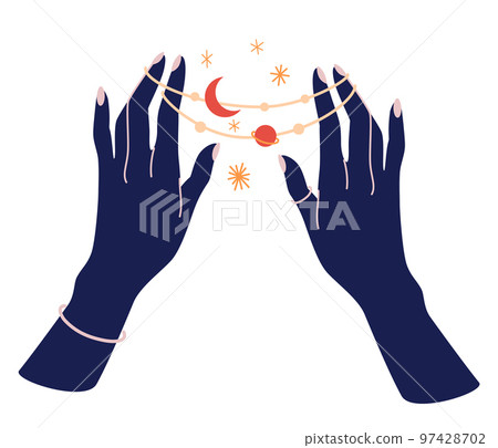 Magic woman hands with moon phases. Alchemy esoteric mystical magic celestial talisman with woman hand. Spiritual occultism object. Hand drawn vector illustrations isolated 97428702