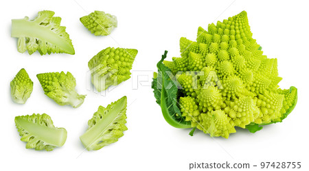 Romanesco broccoli cabbage or Roman Cauliflower isolated on white background . Top view with copy space for your text. Flat lay 97428755