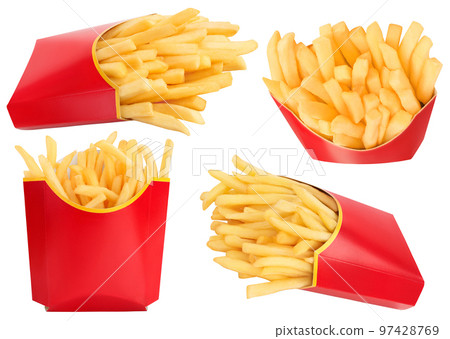 French fries or fried potatoes in a red carton box isolated on white background with full depth of field 97428769