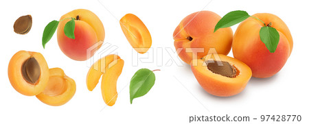 apricot fruit with half and slices isolated on white background. Top view. Flat lay 97428770