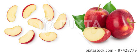 Red apple slices isolated on white background with full depth of field. Top view. Flat lay Red apple slices isolated on white background with full depth of field. Top view. Flat lay 97428779