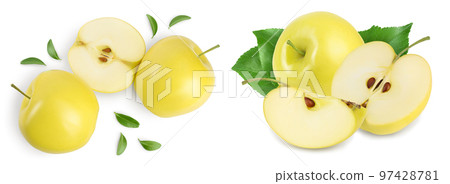 yellow apple with half isolated on white background with full depth of field. Top view. Flat lay. yellow apple with half isolated on white background with full depth of field. Top view. Flat lay. 97428781