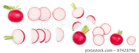 fresh whole and sliced radishes isolated on white background with copy space for your text. Top view 97428796