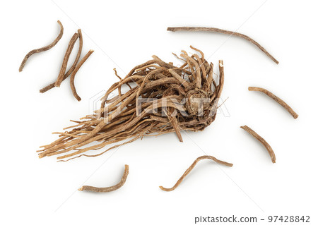 Dried Valerian root isolated on white background. Valeriana officinalis with full depth of field. Top view. Flat lay Dried Valerian root isolated on white background. Valeriana officinalis with full depth of field. Top view. Flat lay 97428842
