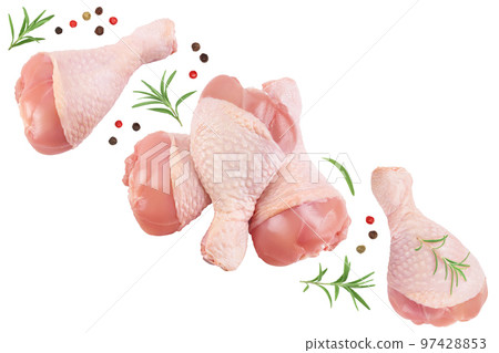 Raw chicken leg or drumstick isolated on white background with full depth of field. Top view. Flat lay 97428853