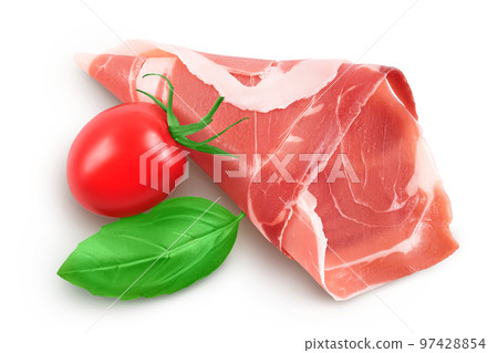 Italian prosciutto crudo or spanish jamon. Raw ham isolated on white background with full depth of field. Italian prosciutto crudo or spanish jamon. Raw ham isolated on white background with full depth of field. 97428854