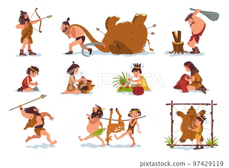 Prehistoric stone age people. Mammoth hunting. Caveman or cavewoman. Primitive human. Hunters survival. Food extraction. Primal persons make clothes from animal skin. Splendid vector set Prehistoric stone age people. Mammoth hunting. Caveman or cavewoman. Primitive human. Hunters survival. Food extraction. Primal persons make clothes from animal skin. Splendid vector set 97429119