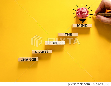 Change starts in the mind symbol. Concept words Change starts in the mind on wooden blocks on a beautiful yellow table yellow background. Business motivational and change starts in the mind concept. 97429132