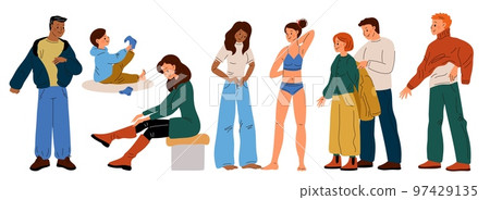 People dress up. Funny guys or girls put on clothes. Persons try on trousers. Fashionable jackets and sweaters. Fitting room. Casual clothing wear. Help to dressing coat. Garish vector set People dress up. Funny guys or girls put on clothes. Persons try on trousers. Fashionable jackets and sweaters. Fitting room. Casual clothing wear. Help to dressing coat. Garish vector set 97429135