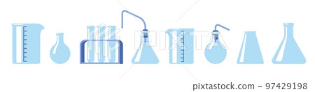Laboratory glassware for medical scientific research. Biology and chemistry experiment equipment. Chemical beaker and flask. Measuring glass. Bottle with dropper. Vector test tubes set 97429198