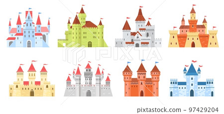 Kingdoms and castles. Medieval king palaces. Cartoon towers and fortress walls. Turret with waving flags on spires. Fabulous princess habitation. Fairytale architecture. Splendid vector set 97429204