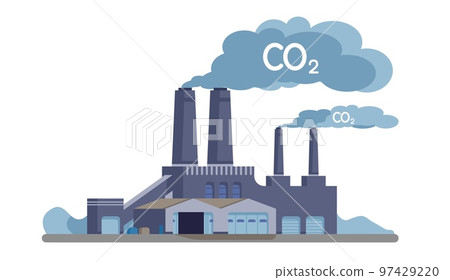 Industrial carbon dioxide pollution. Plant polluting environment. Building with chimney fumes. Manufacturing industry. Dirty atmosphere. CO2 emission. Air contamination. Vector concept Industrial carbon dioxide pollution. Plant polluting environment. Building with chimney fumes. Manufacturing industry. Dirty atmosphere. CO2 emission. Air contamination. Vector concept 97429220