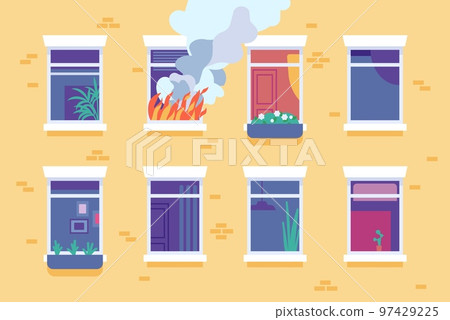 House fire. Window with burning flames and smoke on front of residential building facade. Apartment destruction. Property combustion insurance. Blazing flat. Home arson. Vector concept 97429225