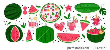 Cartoon bright watermelon. Tropical juicy fruits. Healthy soft drinks. Cocktail glasses. Diet desserts. Natural snacks. Different food pieces. Berry shapes. Ice cream. Garish vector set 97429346