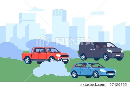 Automobile air pollution. Exhaust gases from cars traffic in city. Smoke emission. Pickup truck and minivan. Urban landscape. Gasoline combustion smog. Ecology contamination. Vector concept 97429363