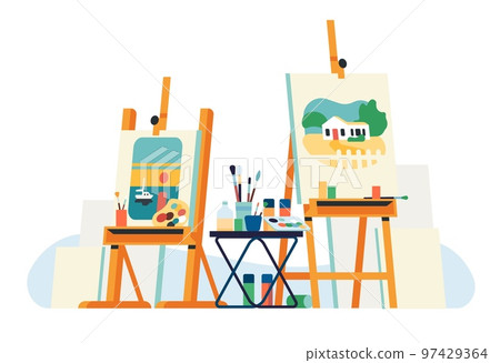 Easel and brushes with paint art lessons Vector Image